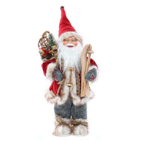 Фигурка Дядо Коледа, 30 см, Ски и чувал за подаръци, Червена/Сива