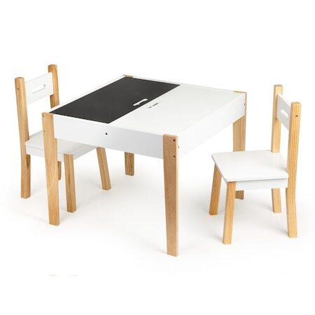 Комплект масичка за игра ECOTOYS, С 2 дървени стола за деца, Подвижен плот с дъска и тебешир, 4 Отделения, Бял