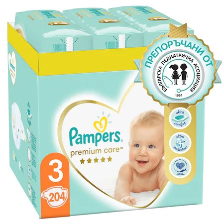 Пелени Pampers Premium Care XXL BOX 3, 6-10 кг, 204 броя