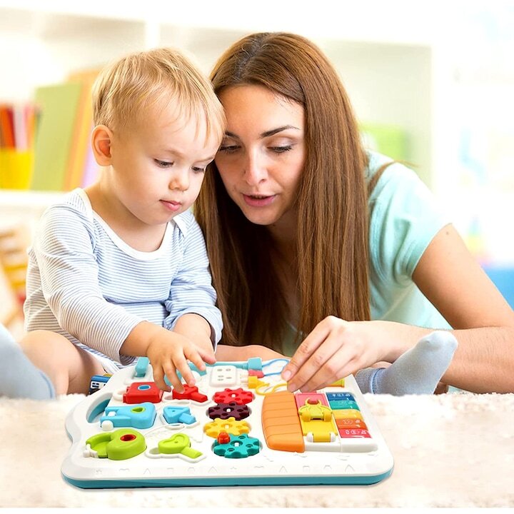 Монтесори маса и дъска, музикална играчка, BrainyBaby 2в1, LED лампа, Регулируем, Син