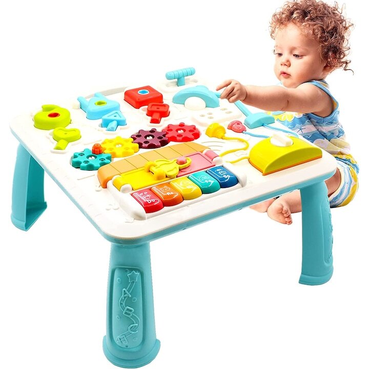 Монтесори маса и дъска, музикална играчка, BrainyBaby 2в1, LED лампа, Регулируем, Син